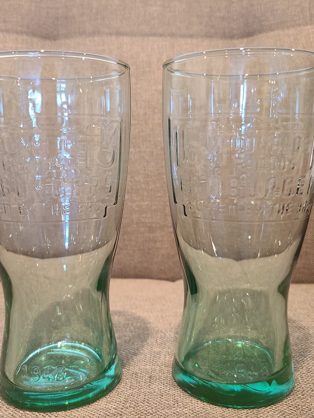 Vintage McDonald's 1948 Famous 15-Cent Hamburger green tinted collector glasses